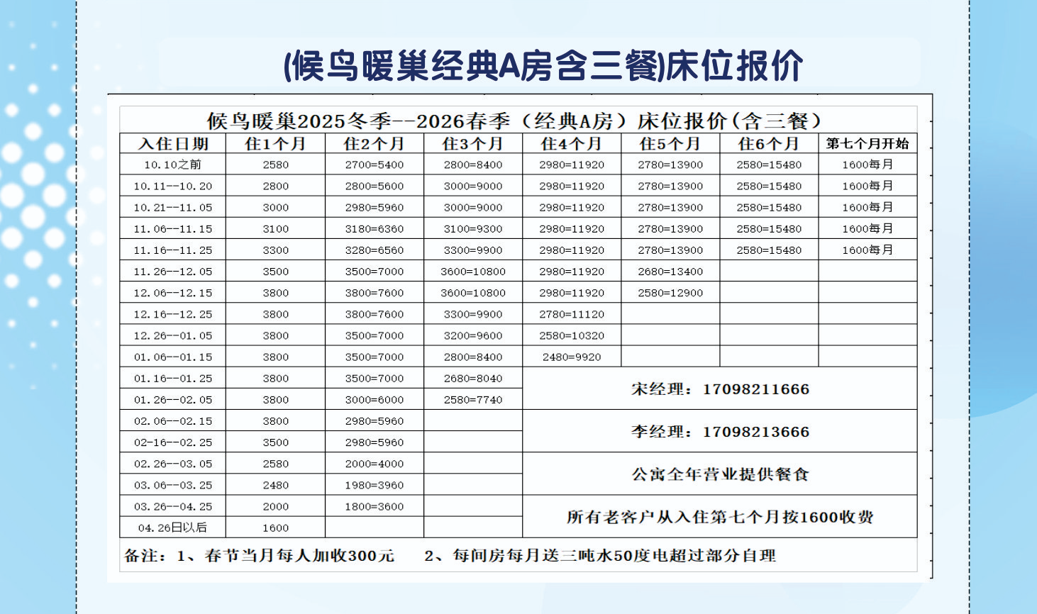 2025冬季-2026春季（一号楼候鸟暖巢经典A房含三餐）床位价格