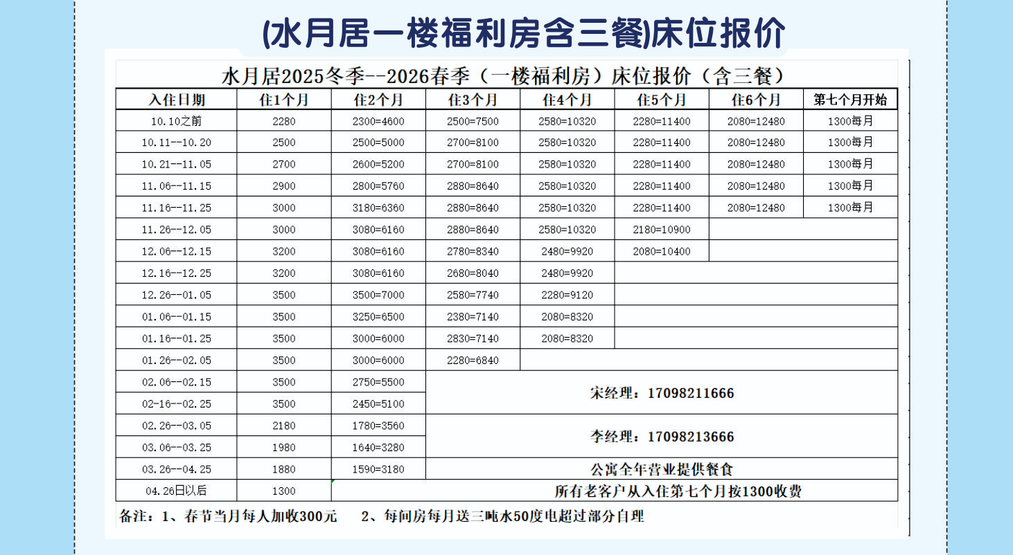 2025冬季-2026春季（水月居一楼福利房含三餐）床位报价